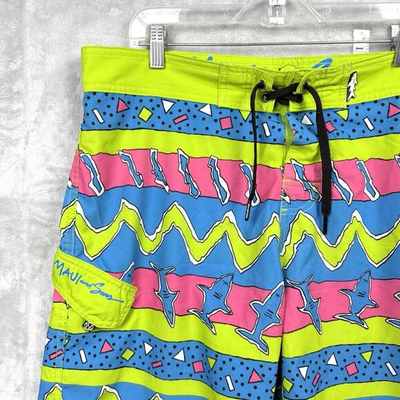 Maui and Sons Shark Print Swim Trunks Size L Neon Board Shorts Beach Summer - Picture 3 of 10